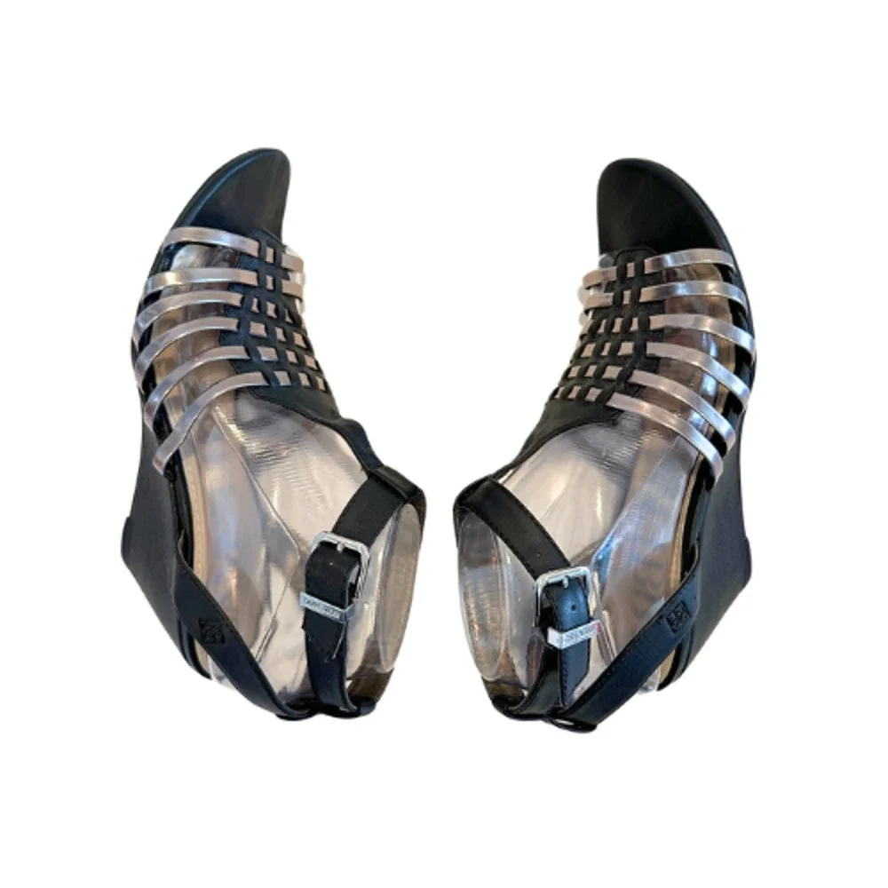 Sam & Libby Black Silver Strappy Wedge Sandals Size 8.5